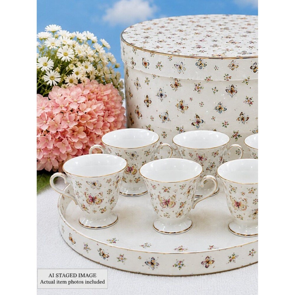 Porcelain Demitasse Teacups Saucers Butterflies (6) ITALIAN DESIGN CERAMICS vtg